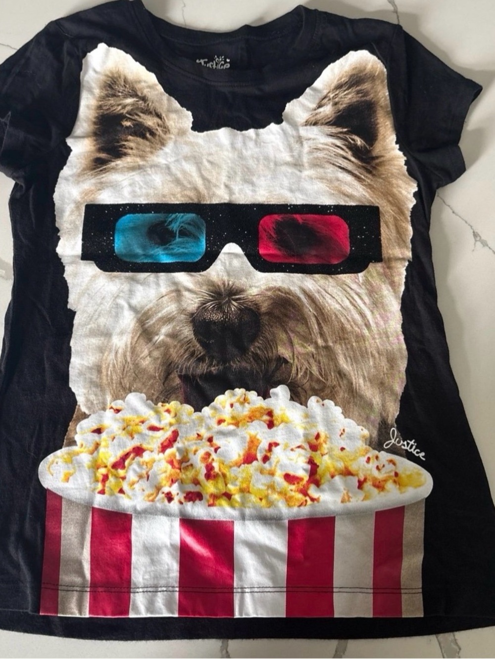 Vintage Justice Black Tee with Dog Wearing 3D Glasses and Popcorn Graphic